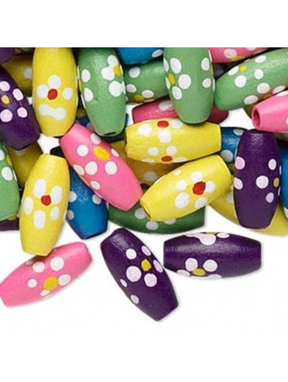 100 Mixed Colors Hand Painted Flowers 15mm Oval Wood Beads